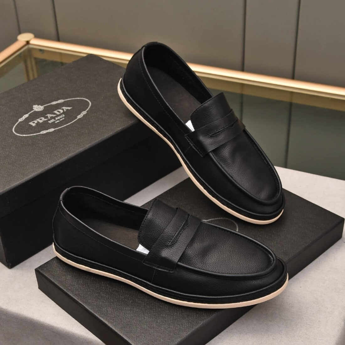 Prada Men’S Flat Loafers Leather Black - Image 2