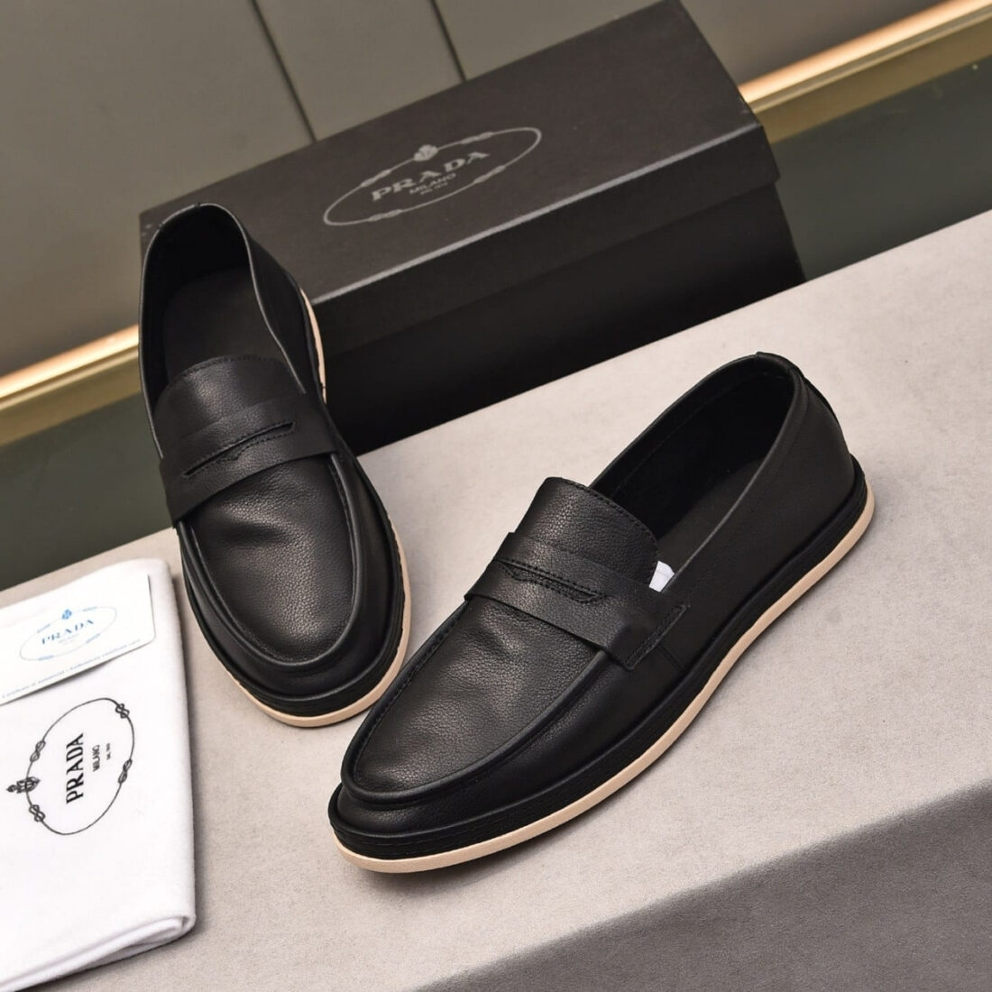 Prada Men’S Flat Loafers Leather Black - Image 5