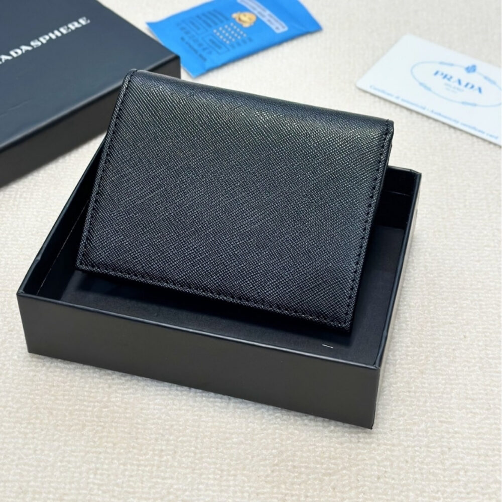 Prada Bii Fold Saffiano Leather Wallet Black 11 cm - Image 7