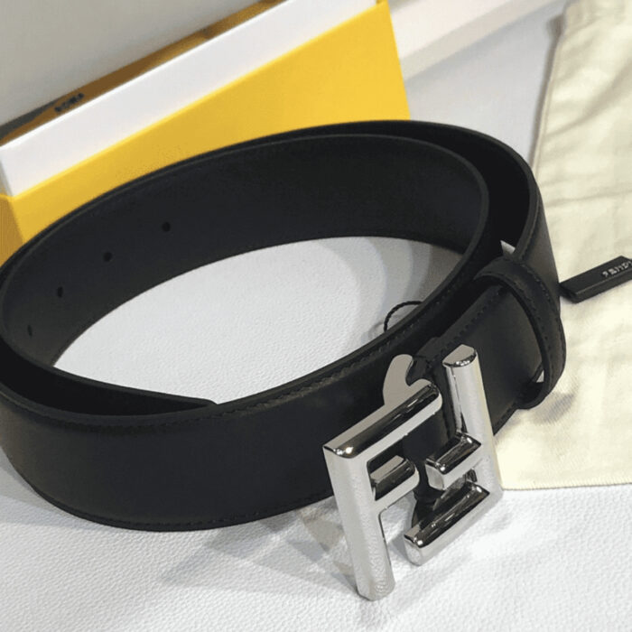 Fendi Black Leather Belt With FF Silver Buckle 40MM - Image 3