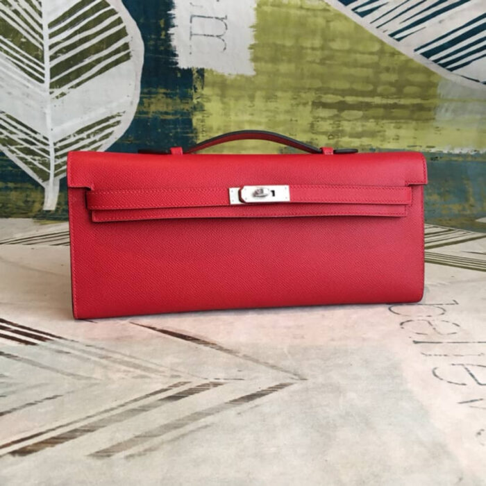 Hermes Kelly Cut Bag Clutch Palladium Rouge Casaque Epsom 28Cm - Image 2