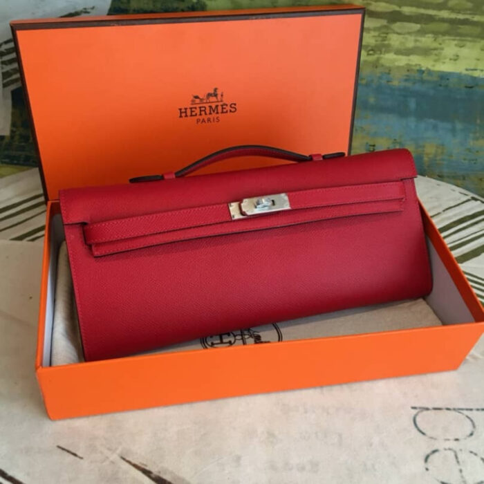 Hermes Kelly Cut Bag Clutch Palladium Rouge Casaque Epsom 28Cm - Image 3