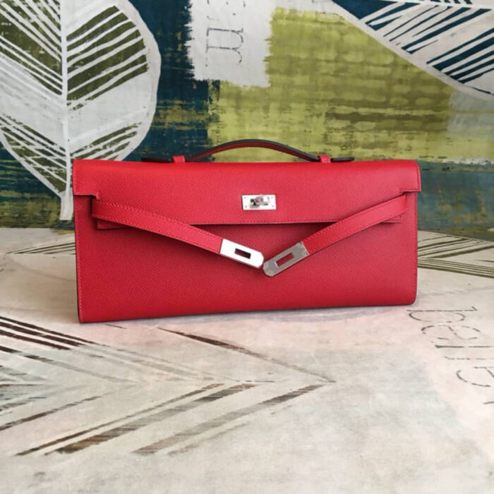 Hermes Kelly Cut Bag Clutch Palladium Rouge Casaque Epsom 28Cm - Image 5