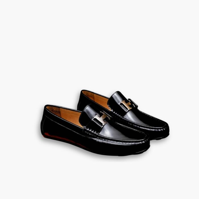 Hermes Men Loafer Moccasin Polish Leather With H Silver In Black
