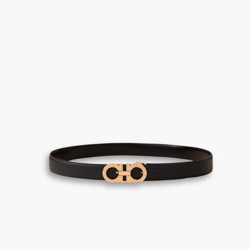 Salvatore Ferragamo Gancini Black Leather Belt With Gold Metal Buckle 2.5Cm
