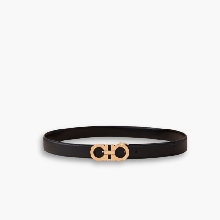 Salvatore Ferragamo Gancini Black Leather Belt With Gold Metal Buckle 2.5Cm