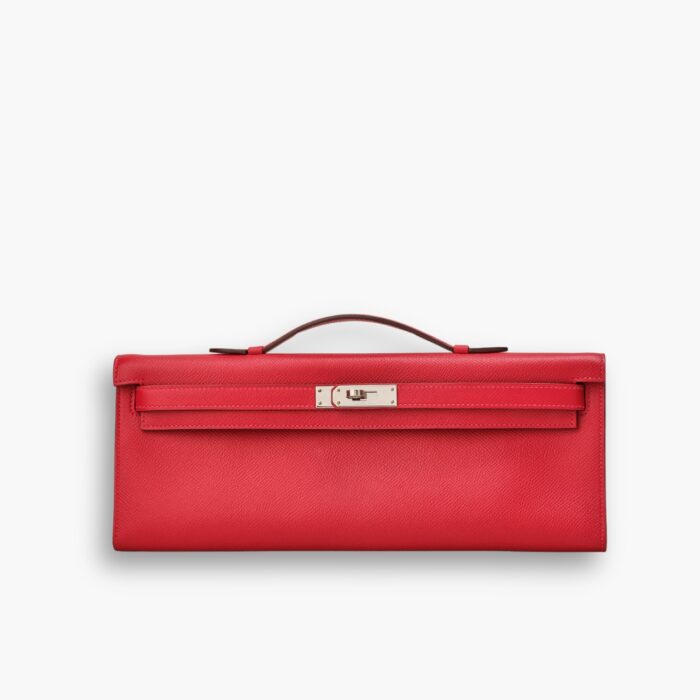 Hermes Kelly Cut Bag Clutch Palladium Rouge Casaque Epsom 28Cm