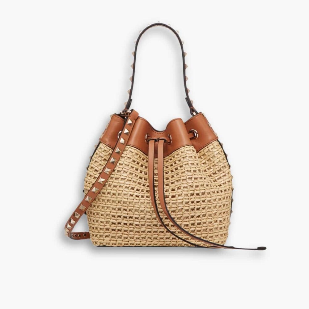 Valentino Rockstud Woven Bucket Bag Brown 19cm