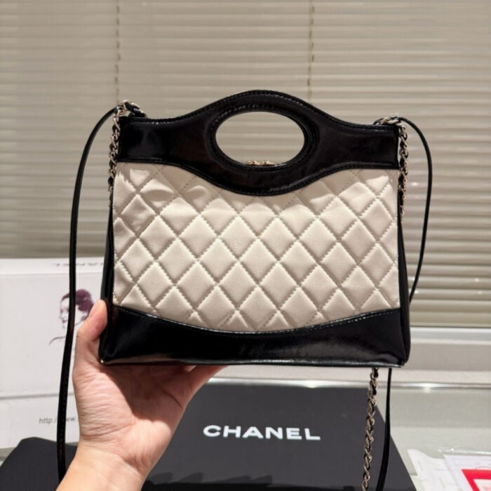 Chanel 31 Mini Shopping Bag Patent Gold Tone Metal Black And White 23Cm - Image 5