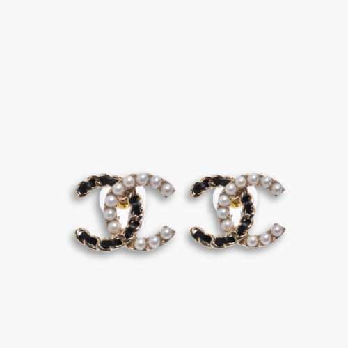 Chanel Pearl Chain CC Stud Earrings Gold Black