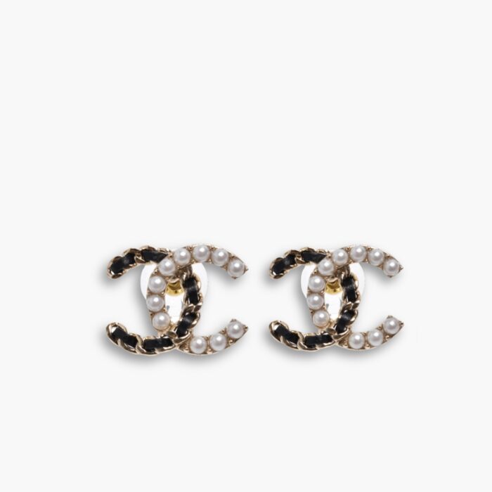 Chanel Pearl Chain CC Stud Earrings Gold Black