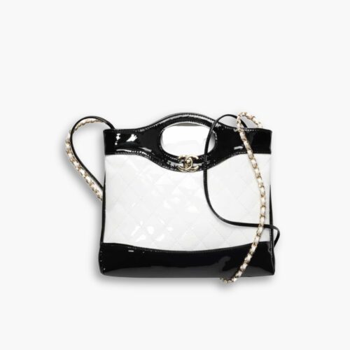 Chanel 31 Mini Shopping Bag Patent Gold Tone Metal Black And White 23Cm