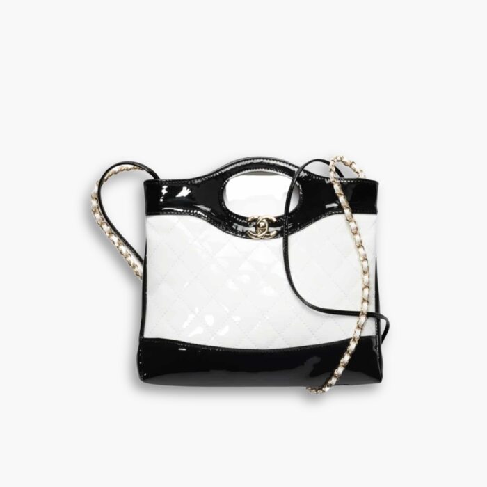 Chanel 31 Mini Shopping Bag Patent Gold Tone Metal Black And White 23Cm