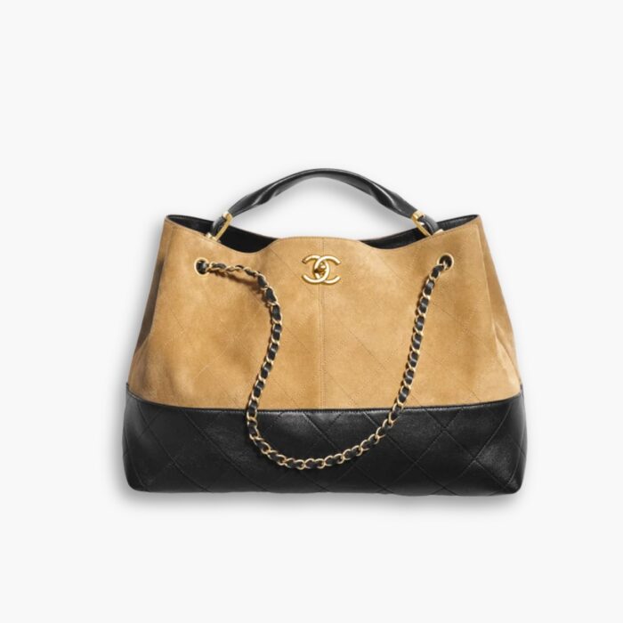 Chanel Shopping Bag Gold Tone Mental Beige And Black 36Cm AS5657 B20827 U1536