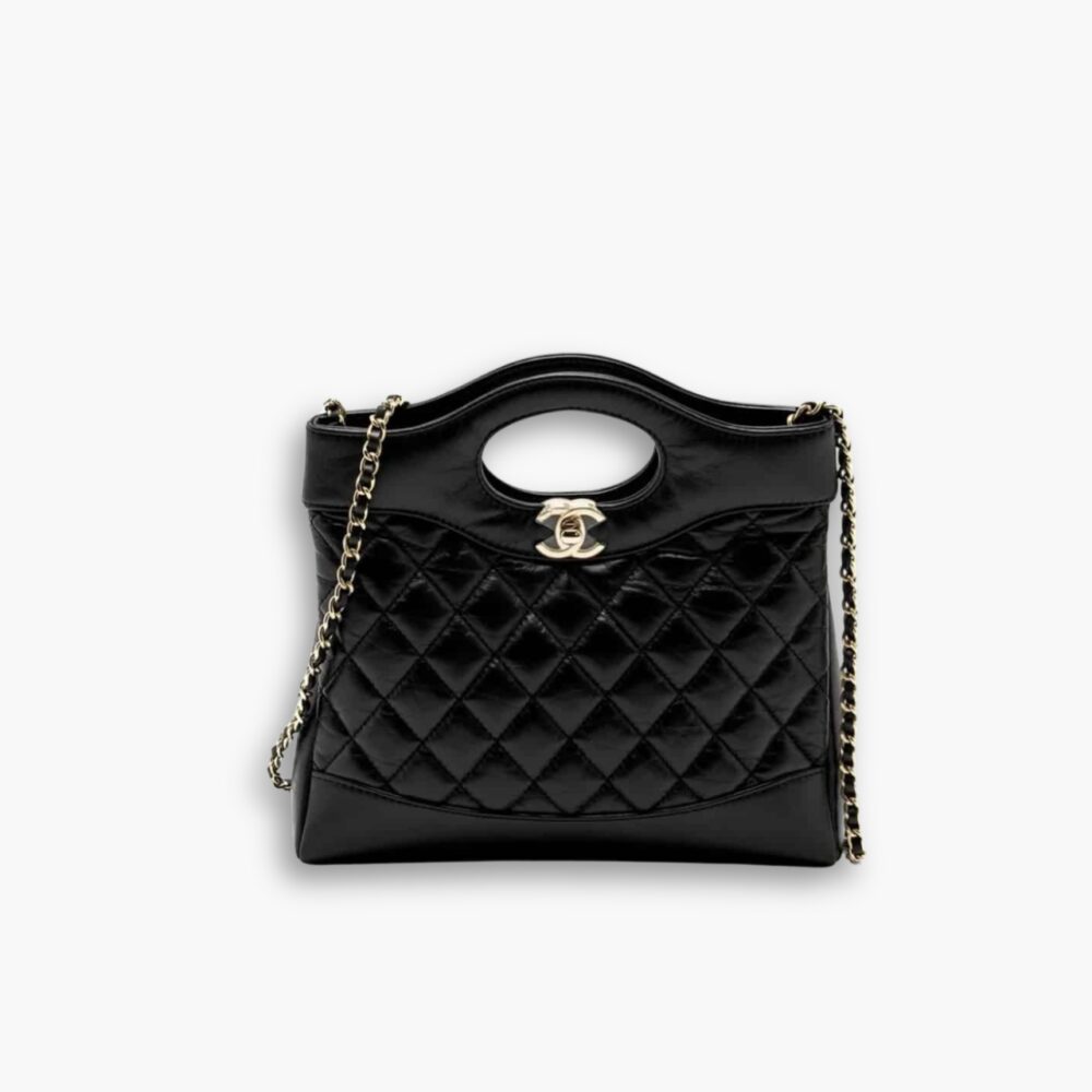 Chanel 31 Mini Shopping Bag Patent Gold Tone Meta Black 24Cm