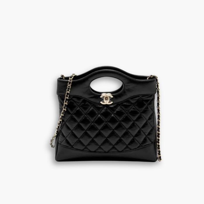 Chanel 31 Mini Shopping Bag Patent Gold Tone Meta Black 24Cm