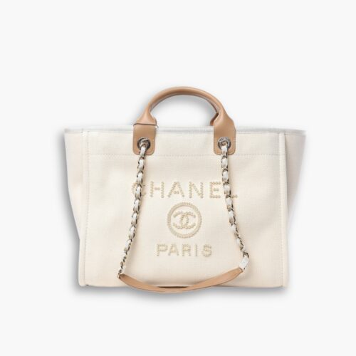 Chanel Deauville Shopping Bag With Pearls White 38Cm