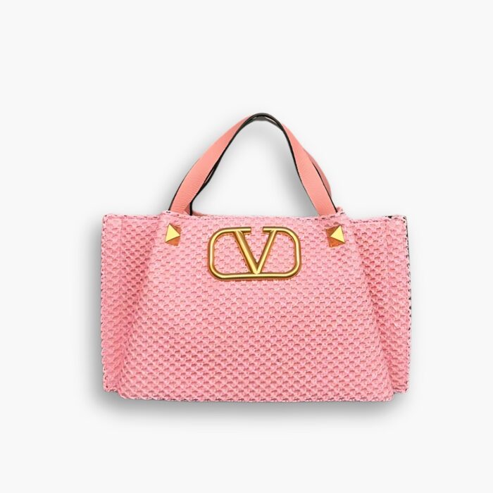 Valentino Garavani Rockstud Top Handle Raffia Bag Pink 26Cm