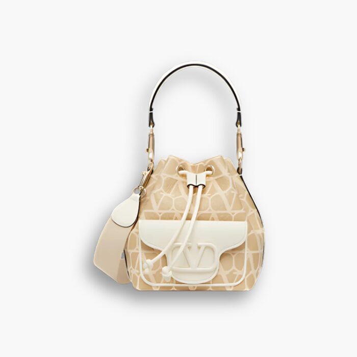 Valentino Vlogo Raffia Bucket Bag Beige 18Cm