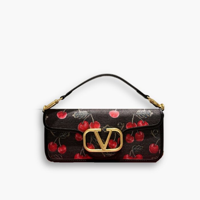 Valentino Garavani Locò Cherries Jacquard Shoulder Bag Black 26Cm