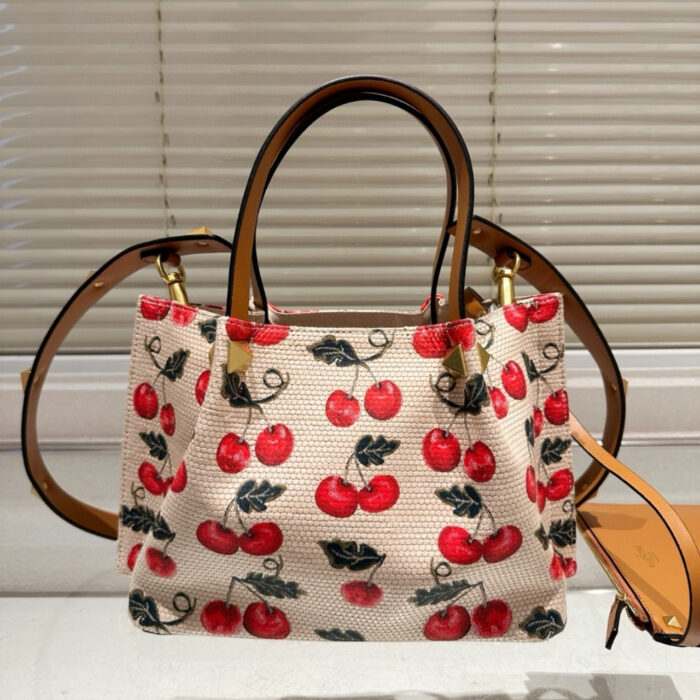 Valentino Garavani VLogo Signature Cherries Jacquard Bag Neutrals 26Cm - Image 3