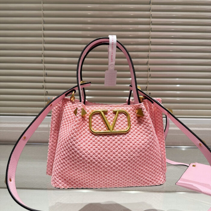 Valentino Garavani Rockstud Top Handle Raffia Bag Pink 26Cm - Image 2