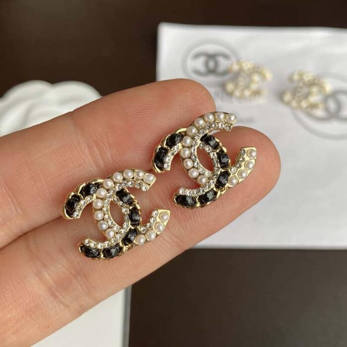Chanel Pearl Chain CC Stud Earrings Gold Black - Image 2