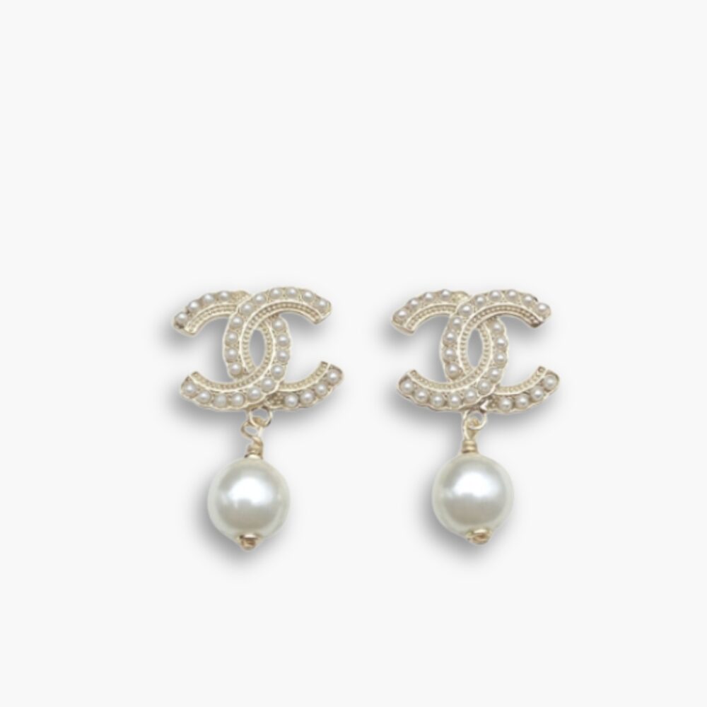 Chanel CC Crystal Logo Pearl Detail Earrings Gold