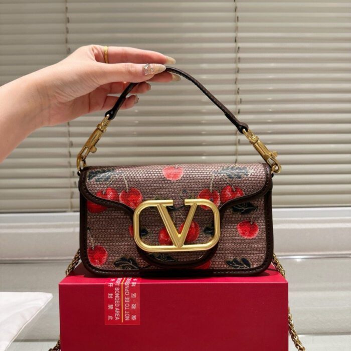 Valentino Garavani Locò Cherries Jacquard Small Shoulder Bag Brown 20Cm - Image 2