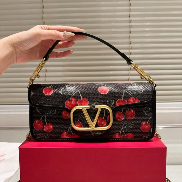 Valentino Garavani Locò Cherries Jacquard Shoulder Bag Black 26Cm - Image 2