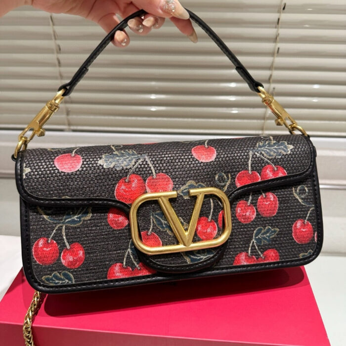 Valentino Garavani Locò Cherries Jacquard Shoulder Bag Black 26Cm - Image 3