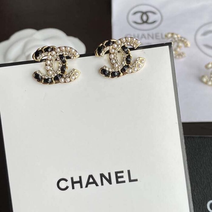 Chanel Pearl Chain CC Stud Earrings Gold Black - Image 3