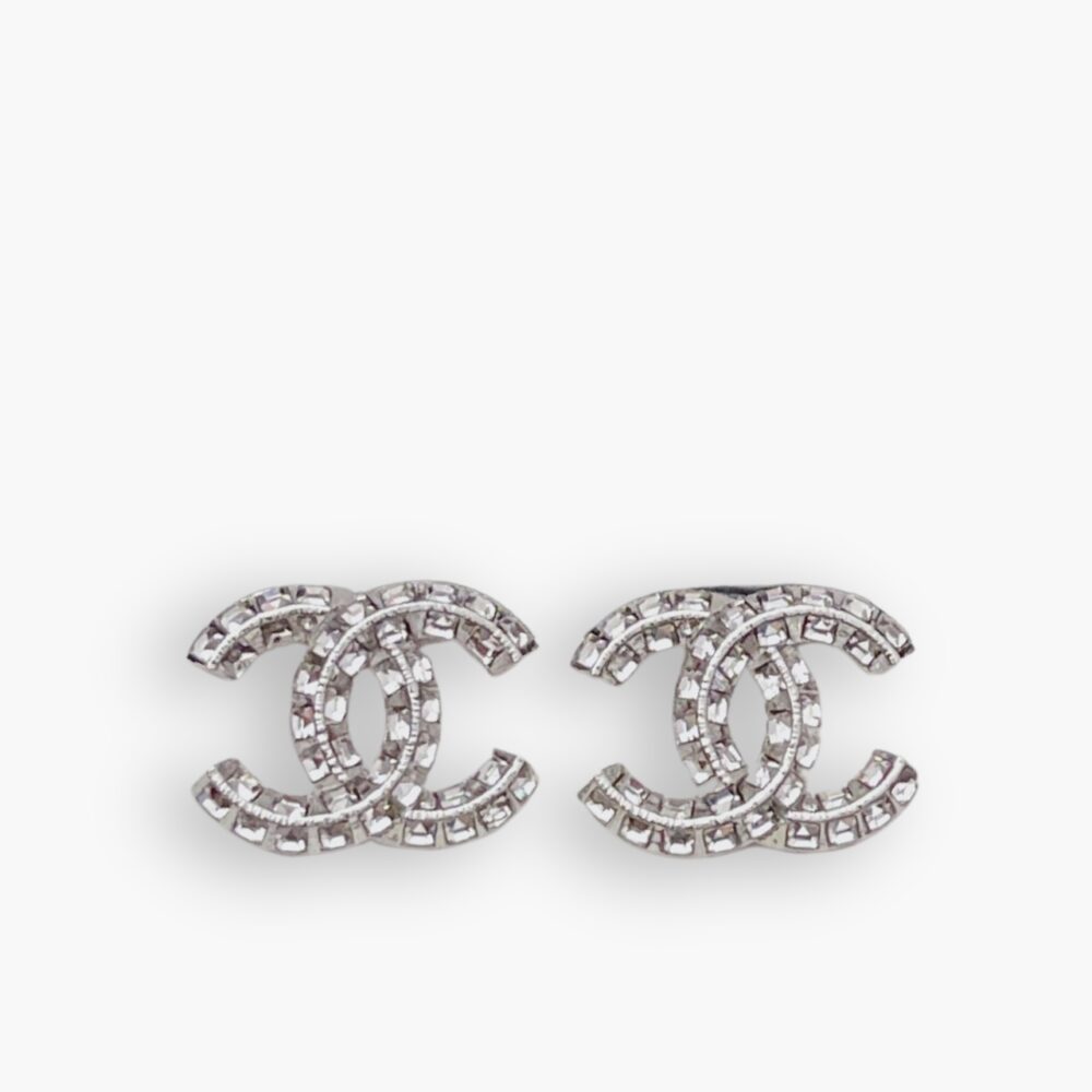 Chanel Crystal Timeless CC Earrings Silver