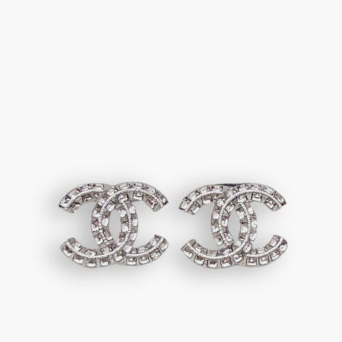 Chanel Crystal Timeless CC Earrings Silver