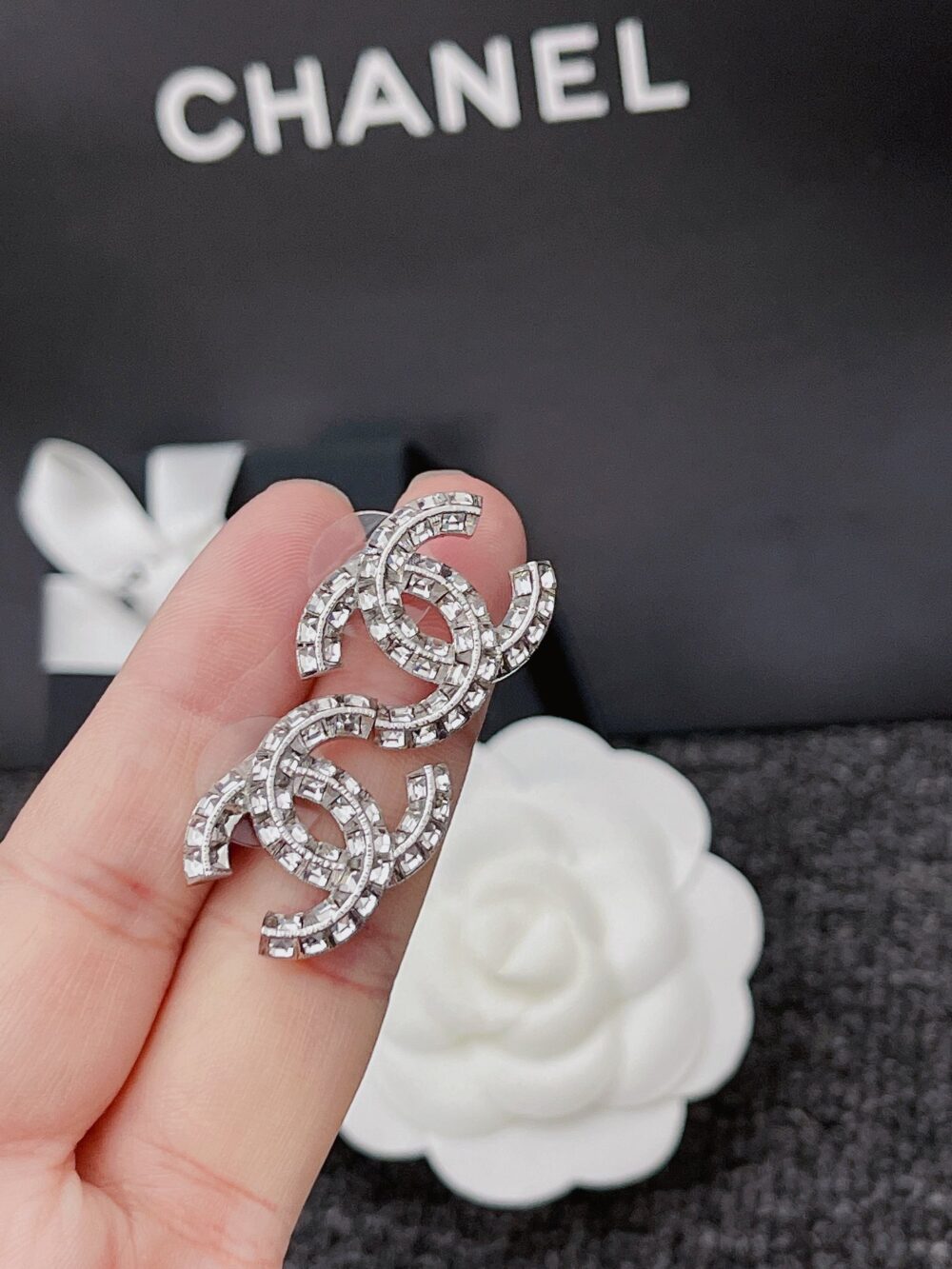 Chanel Crystal Timeless CC Earrings Silver - Image 3