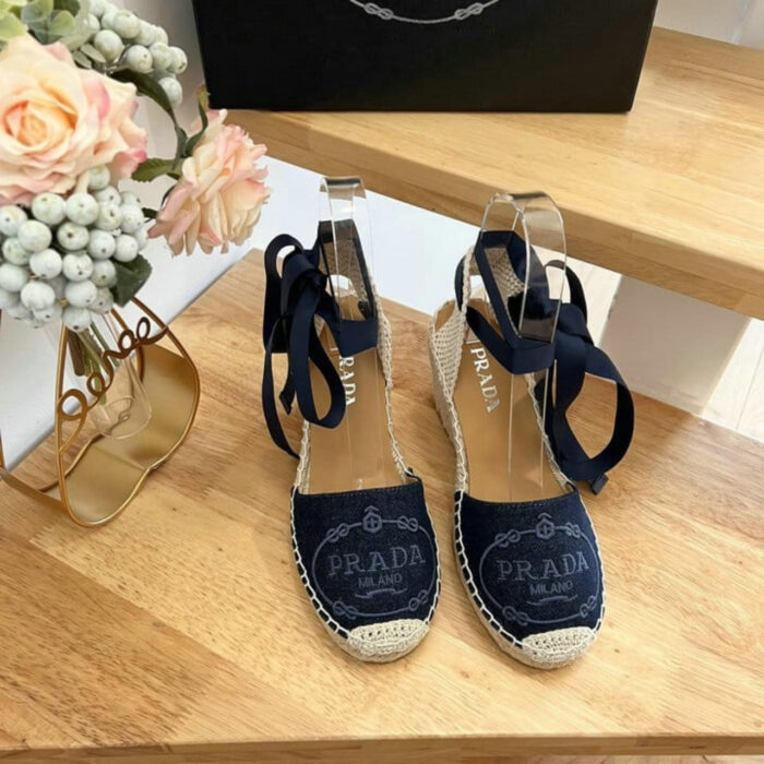 Prada Linen Espadrille Wedge Sandal Dark Blue - Image 2