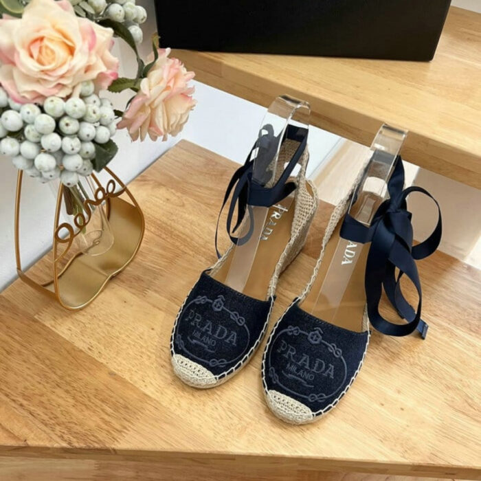 Prada Linen Espadrille Wedge Sandal Dark Blue - Image 3