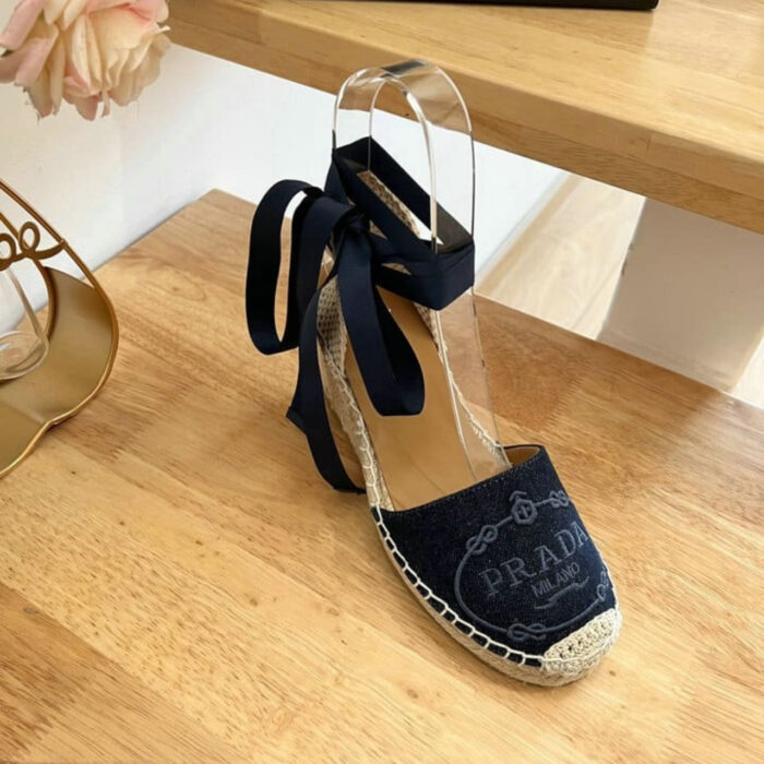 Prada Linen Espadrille Wedge Sandal Dark Blue - Image 4