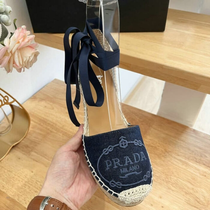 Prada Linen Espadrille Wedge Sandal Dark Blue - Image 5
