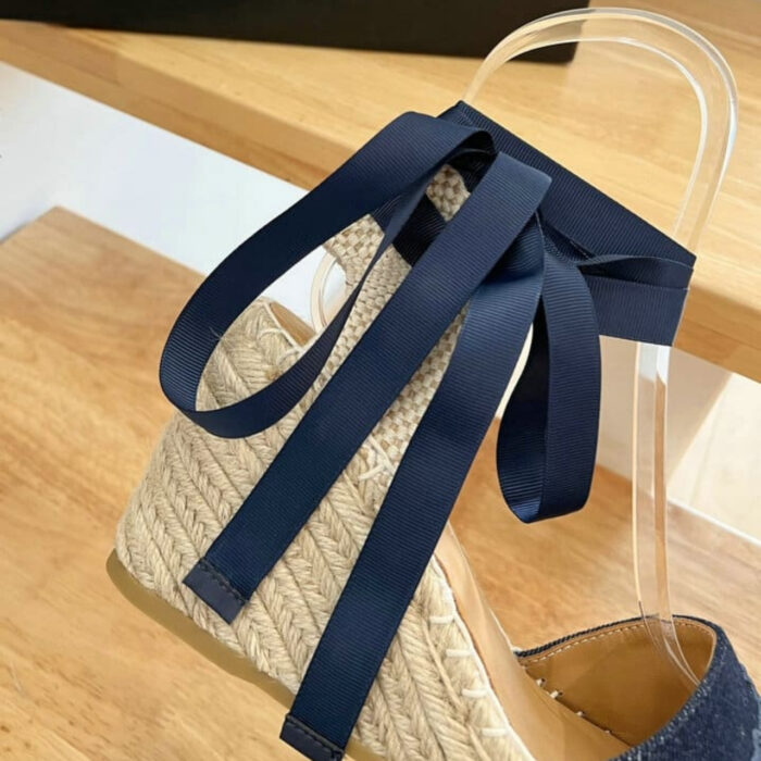 Prada Linen Espadrille Wedge Sandal Dark Blue - Image 6