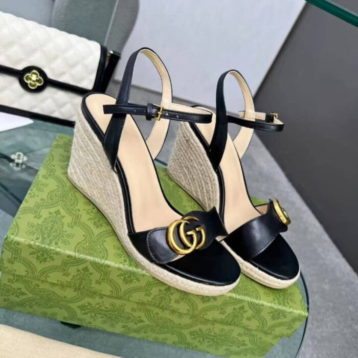 Gucci Leather Wedge Espadrille Sandals Black - Image 2