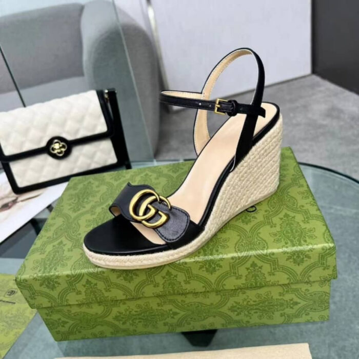 Gucci Leather Wedge Espadrille Sandals Black - Image 3