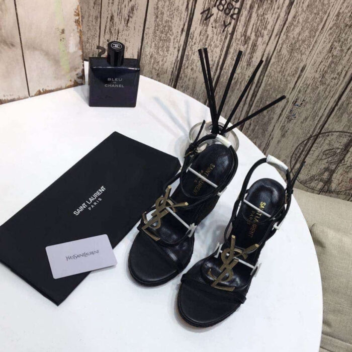 Saint Laurent Cassandra Raffia Wedge Sandal Black - Image 2
