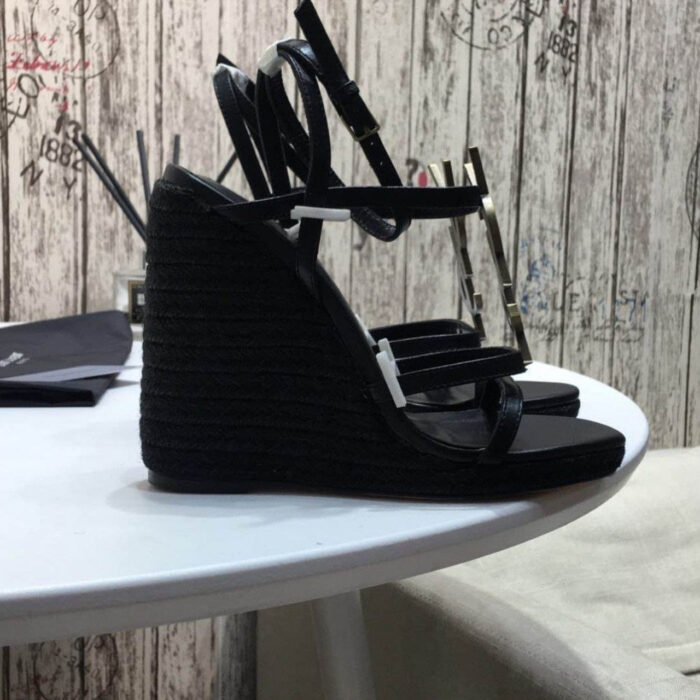 Saint Laurent Cassandra Raffia Wedge Sandal Black - Image 3