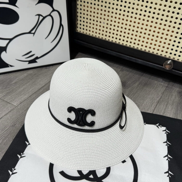 Celine Triomphe Raffia Bucket Hat With Bow White - Image 2
