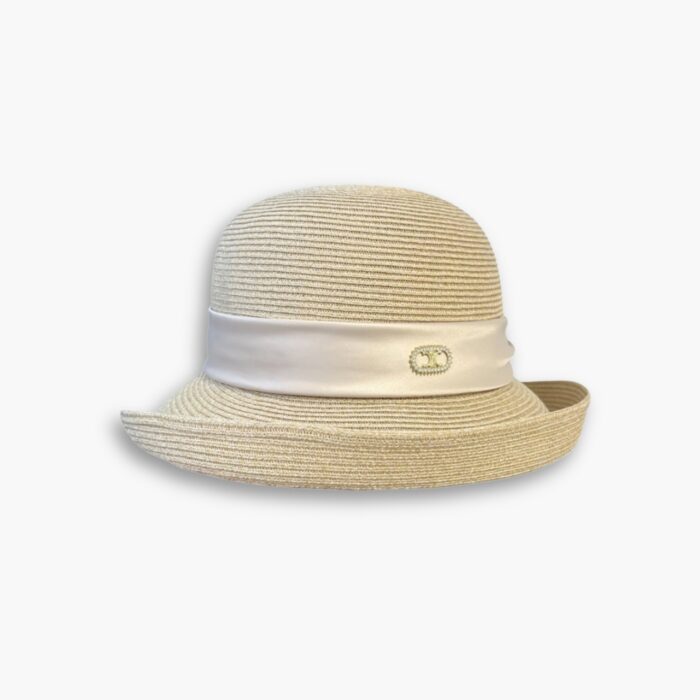 Celine Raffia Curled Brim Hat With Satin White