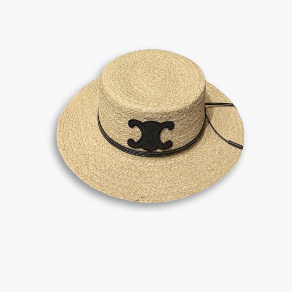 Celine Flat Crown Raffia Hat Emblem In Black