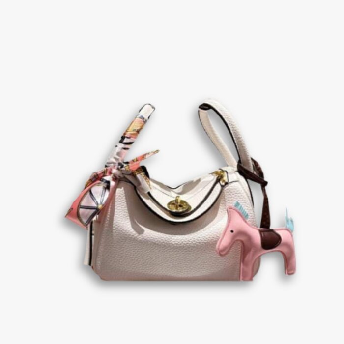Hermes Lindy Bag With Scarf Handle And Horse Charm White 20cm