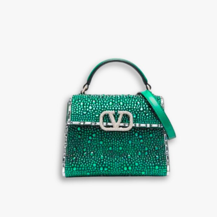 Valentino Garavani Vsling Handbag With Sparkling Crystals And Jewel Embroidery Green 20Cm