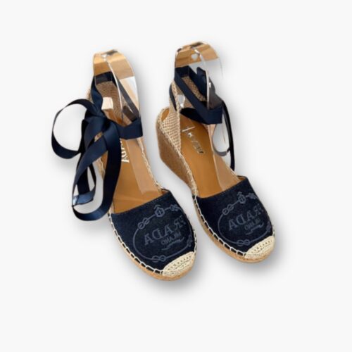 Prada Linen Espadrille Wedge Sandal Dark Blue